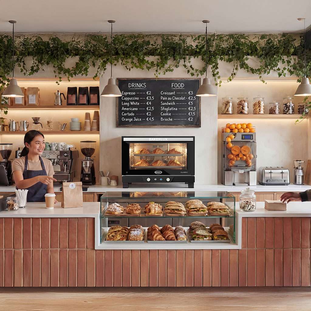 A man and woman stand together at a bakery counter, examining various baked goods displayed in glass cases. BAKERLUX CLASSIC convection oven on the back counter.