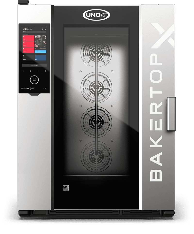 Unox Bakertop-X Kombi-Ofen im schwarz-silbernen Design mit mehrfarbigem Touchdisplay-Bedienfeld.