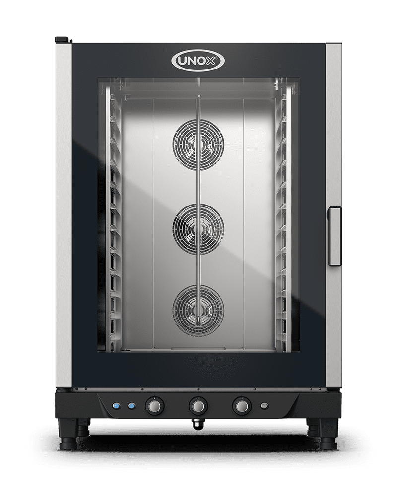 Unox commercial convection oven, with black and steel design.