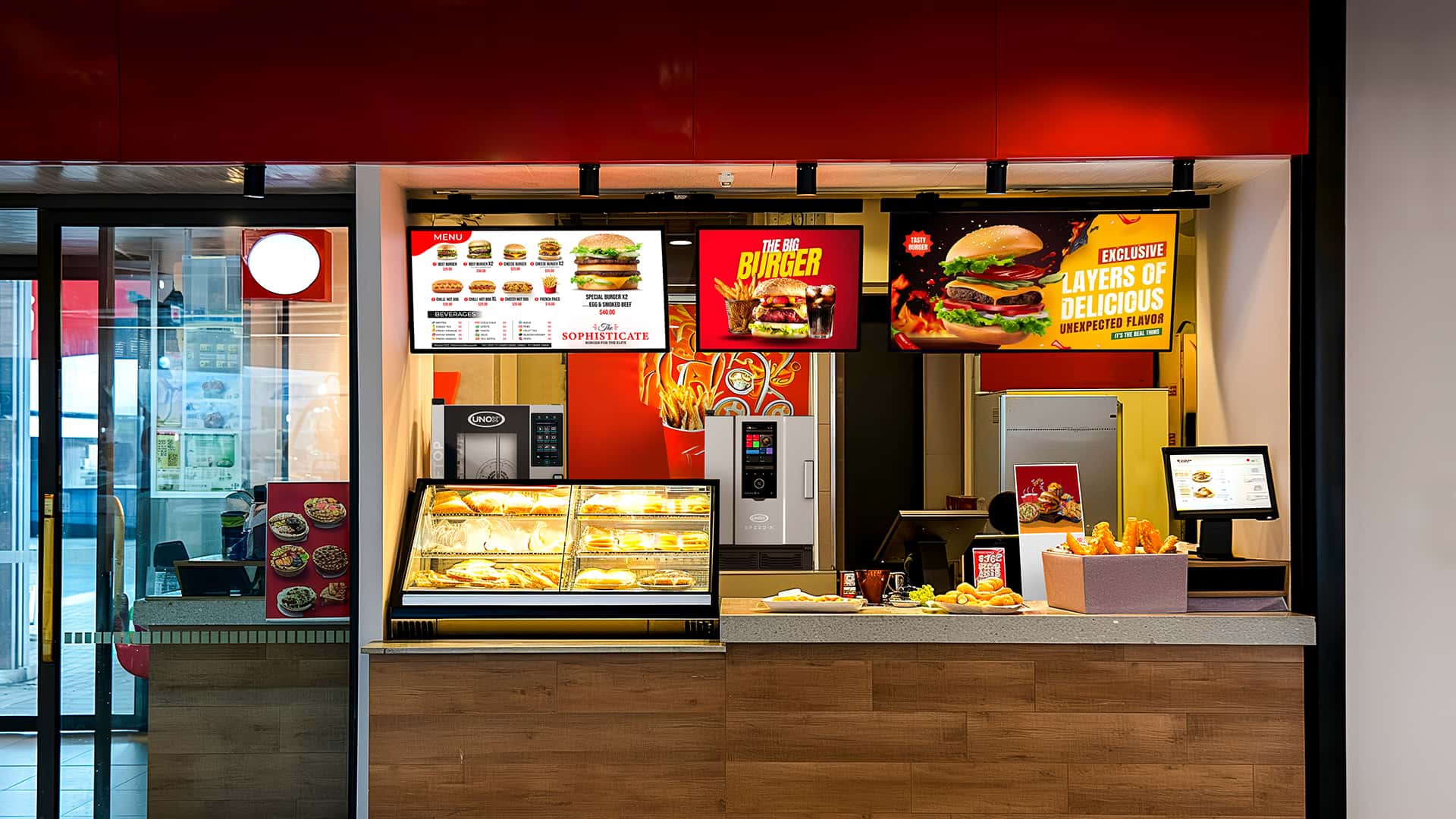 bancone di un ristorante fast food con forni professionali unox speed-x e cheftop