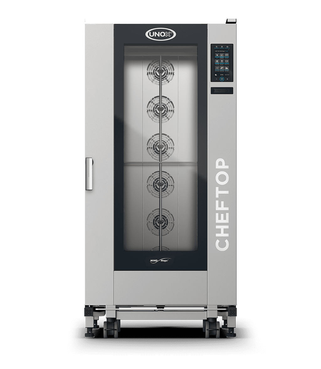 20 bandejas GN 1/1 Render do forno combinado profissional com trolley UNOX CHEFTOP MIND.Maps™ BIG PLUS XEVL-2011-DPLS.