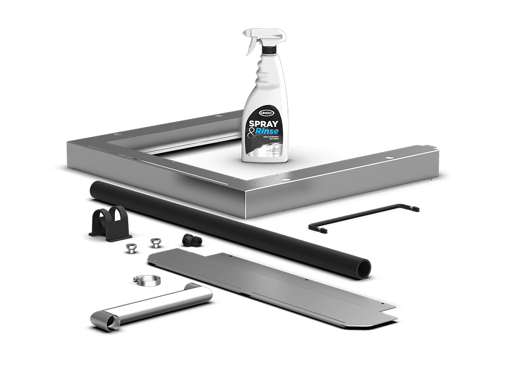 Unox Contém todas as peças necessárias para a correta instalação e sobreposição de dois fornos elétricos e 1 frasco de limpador SPRAY&Rinse (750ml). XWKQT-00EF-E-SR.