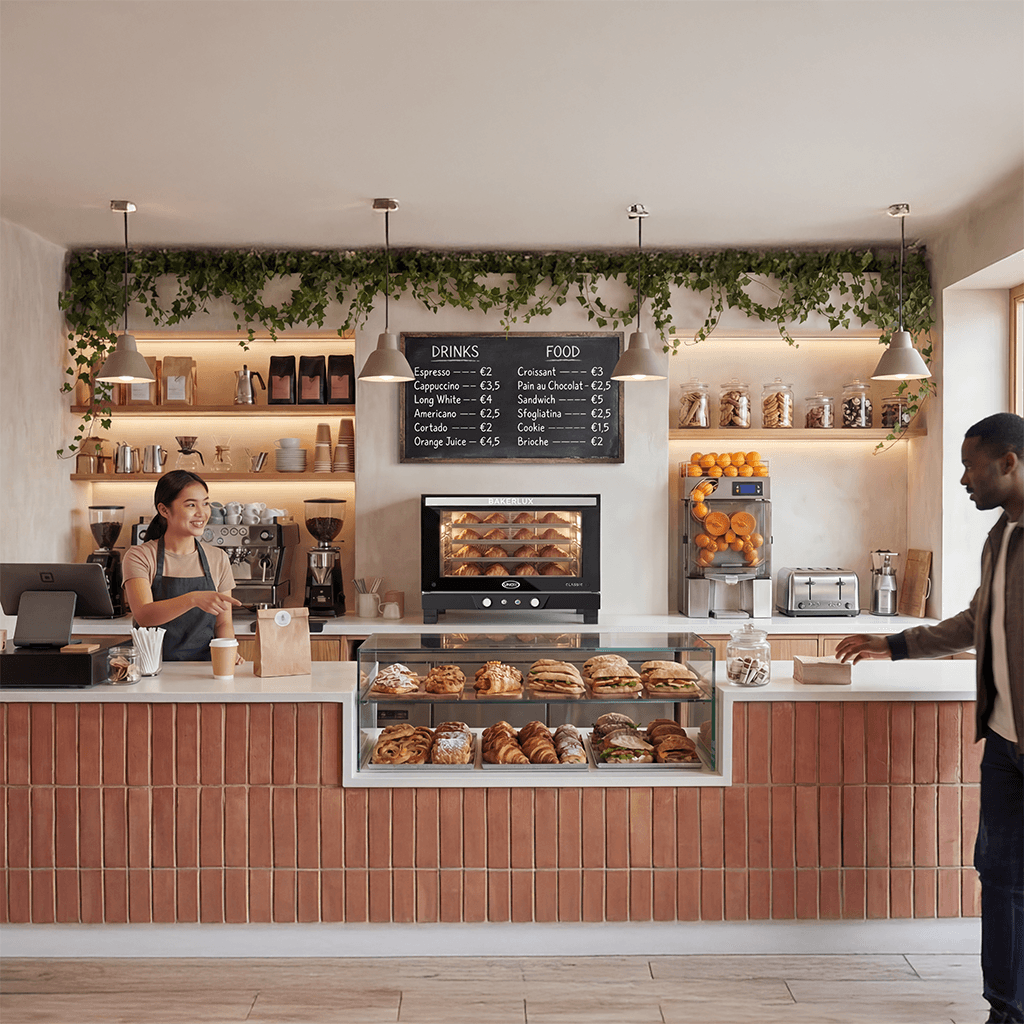 Warm bakery counter with staff serving a customer, shelves of bread and pastries, pendant lights, and sunlight through a tall window. A Unox BAKERLUX CLASSIC convection with humidity oven is on the back counter, at the center.