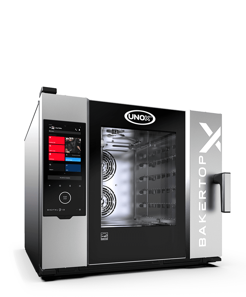 Unox professional combi oven, Bakertop X, a black and steel baking oven with multi-coloured digital display.