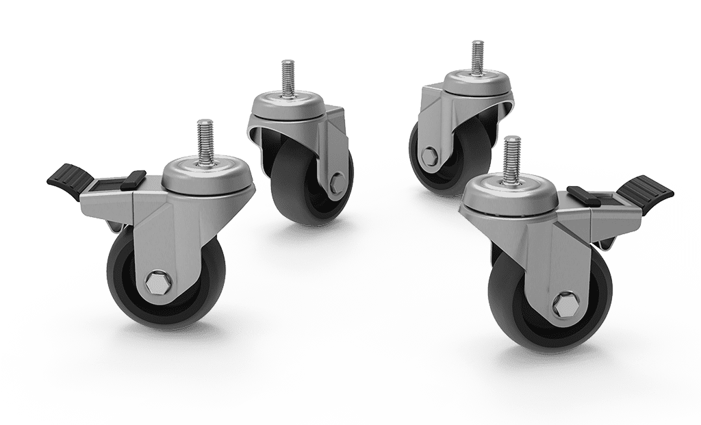 Unox Sie erleichtern die Reinigung. Das Set enthält 2 Räder mit Bremse, 2 Räder ohne Bremse und Ketten für die Wandmontage. XR623.