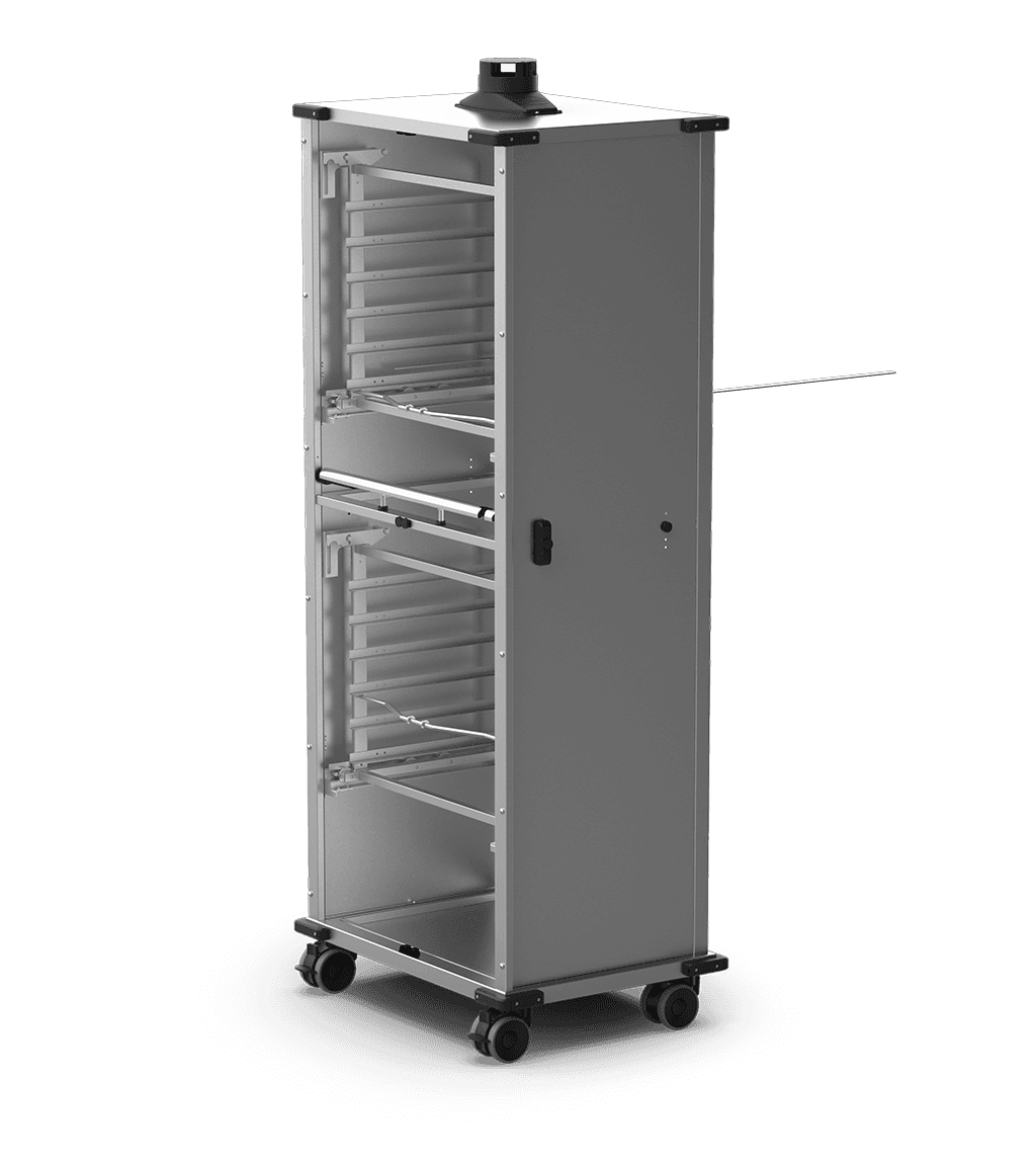 Unox Mobile cabinet without doors equipped with tray-holder baskets to allow 12 trays of food to be put into or taken out of the oven, as well as allowing their easy transportation. XWBYCN-12EU.