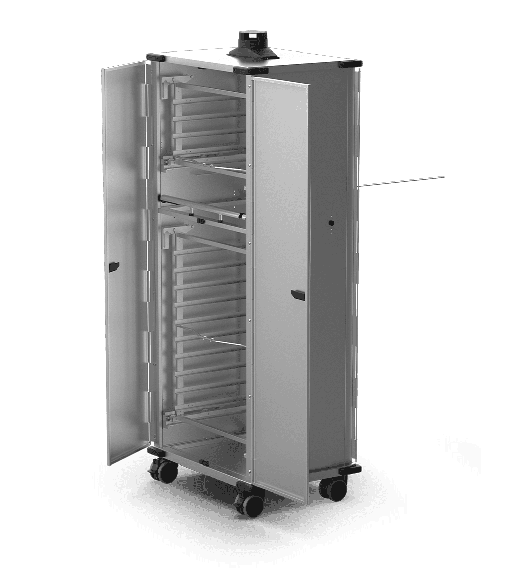 Unox Mobile cabinet equipped with doors and tray-holder baskets to allow 14 trays of food to be put into or taken out of the oven, as well as allowing food to be transported or left to rest. XWBYCN-14EU-D.